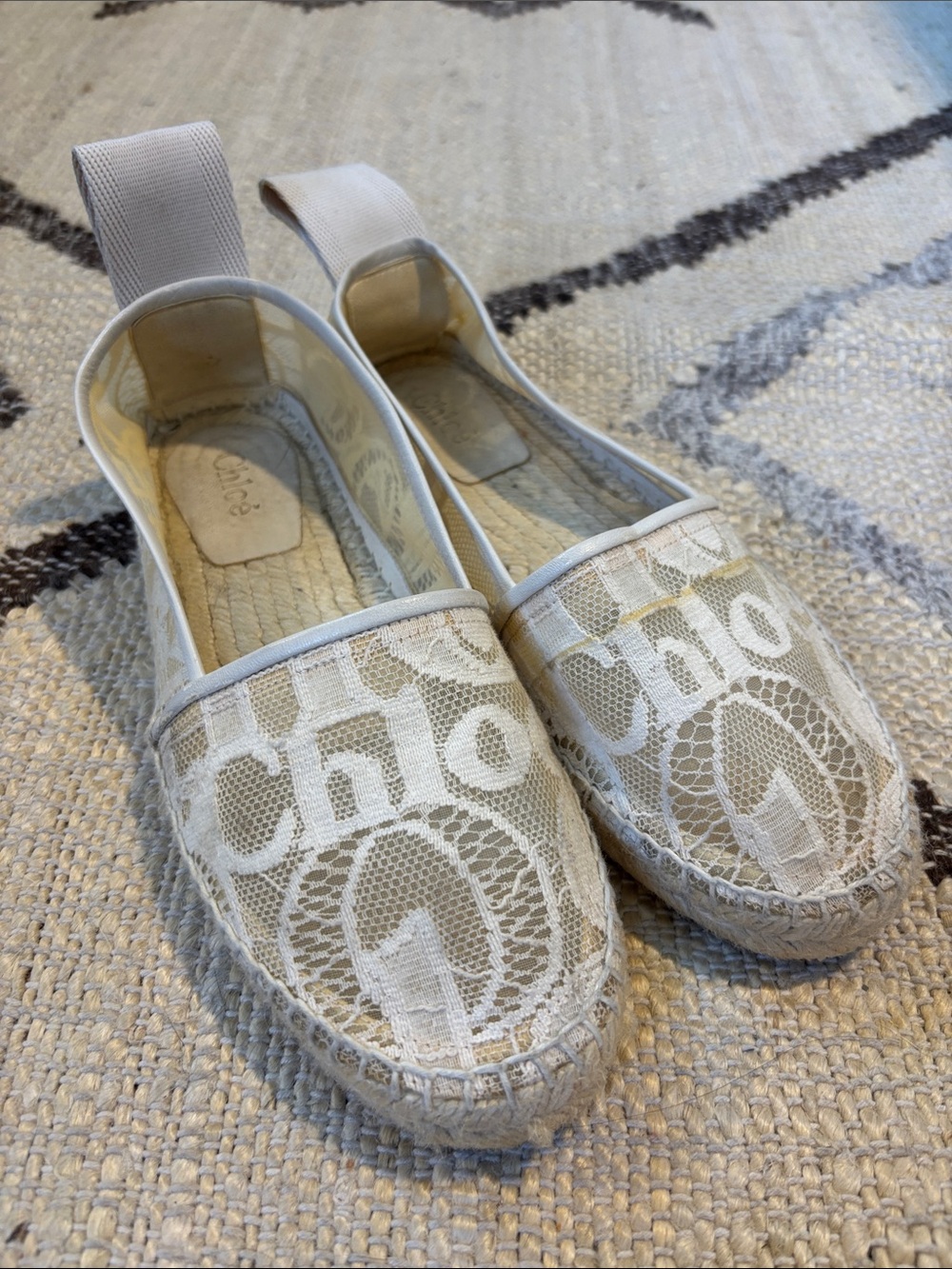 Chloe Cream Lace Logo Espadrilles with Elastic Slingback